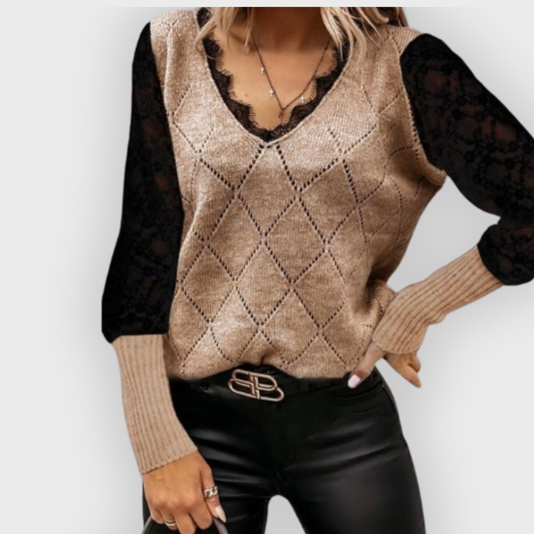 Jacqueline | Sweat-shirt à col V pour femme, manches longues, élégant contraste de couleurs, haut décontracté chic