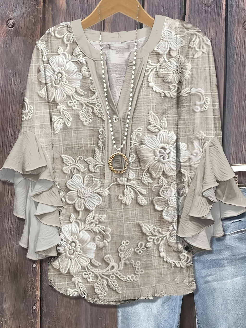 Avalyss | Damesblouse met print en volantmouwen – Casual, ruimvallende pullover