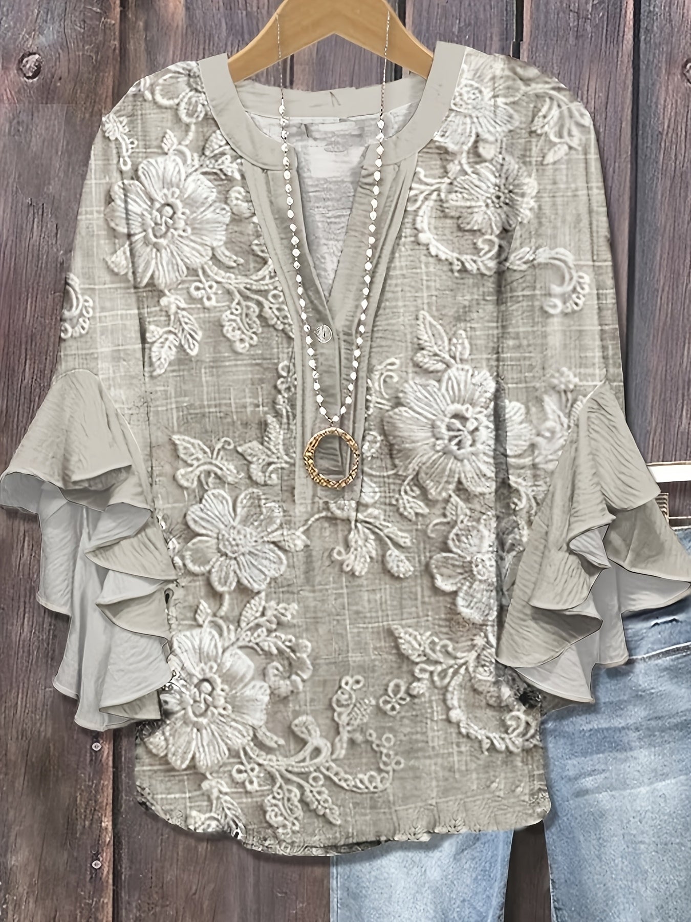 Avalyss | Damesblouse met print en volantmouwen – Casual, ruimvallende pullover