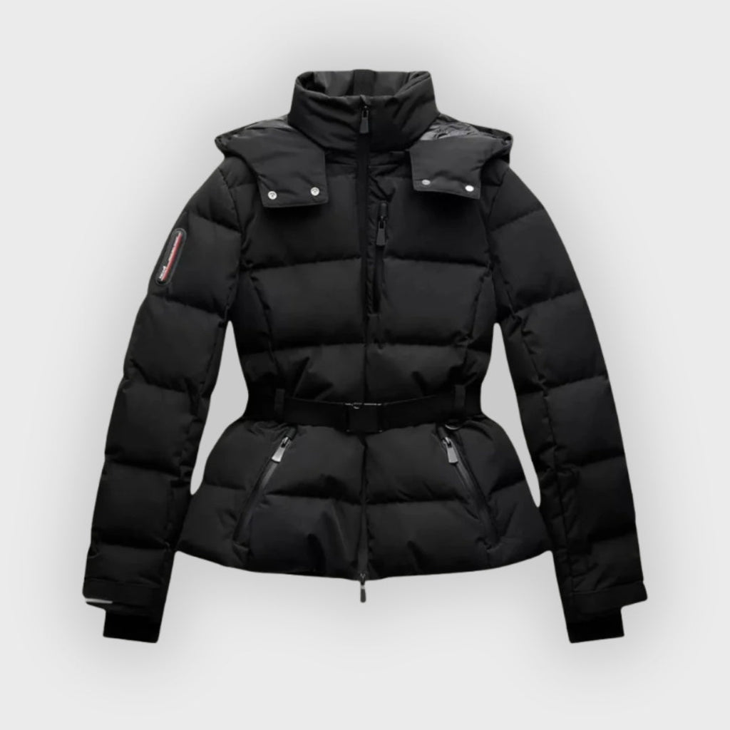 Evelisse | Veste de ski isolante pour femme – Manteau d'hiver noir avec ceinture