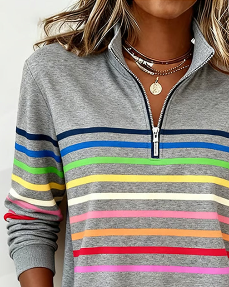Vayen | Regenboogstreep sweatshirt met halve rits voor dames – Casual pullover, trendy kleurrijke top