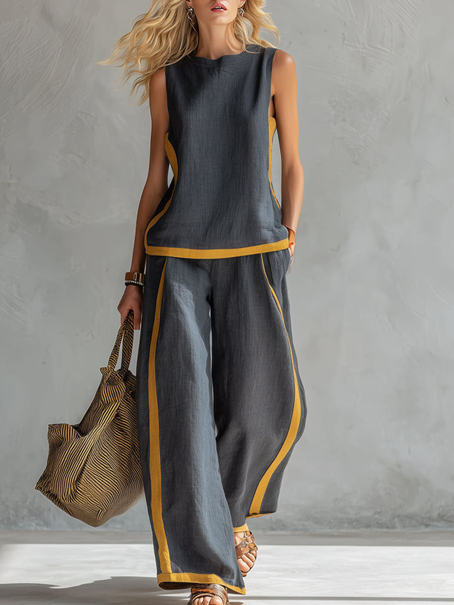 Virelya | Linnen 2-delige Set voor Dames – Elegante Mouwloze Top & Wide-Leg Broek