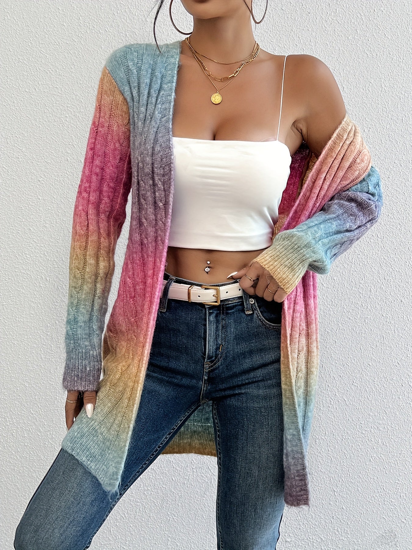 Alyssia | Ombre vest voor dames – pastelroze naar blauw/paars, lang model met open voorkant
