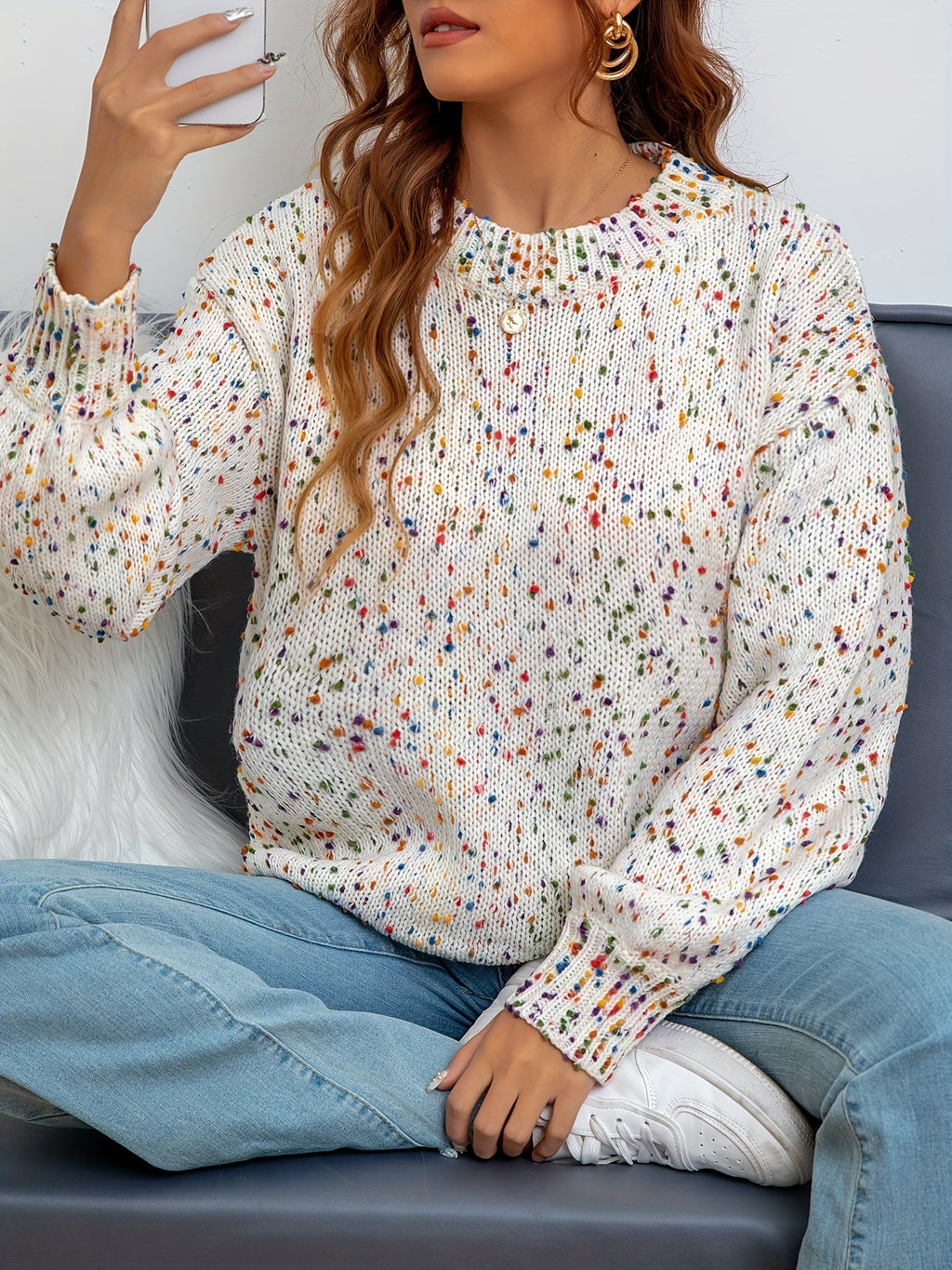 Noryssa | Pull minimaliste en maille à imprimé confettis, col rond - Pull confortable automne-hiver pour femme