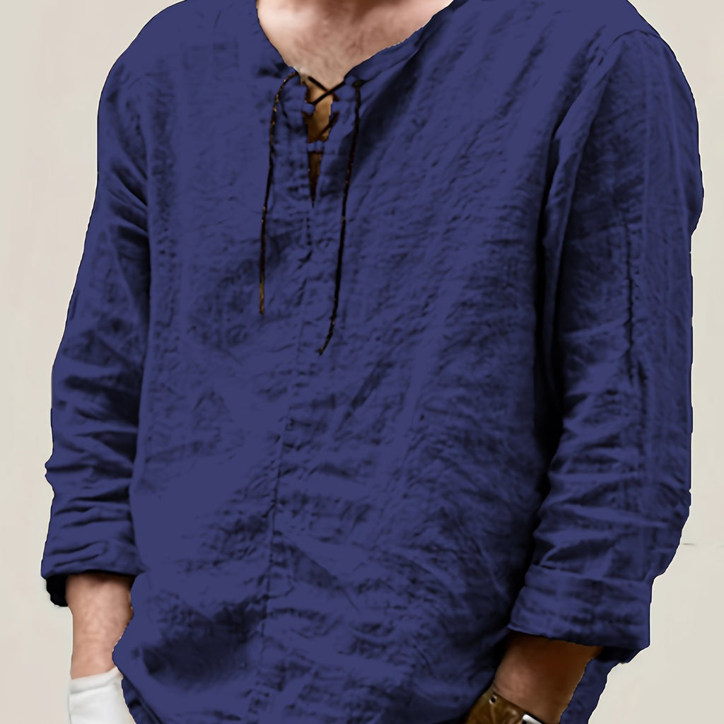 Arne | Chemise homme en coton et lin - manches longues, coupe ample décontractée, col à nouer