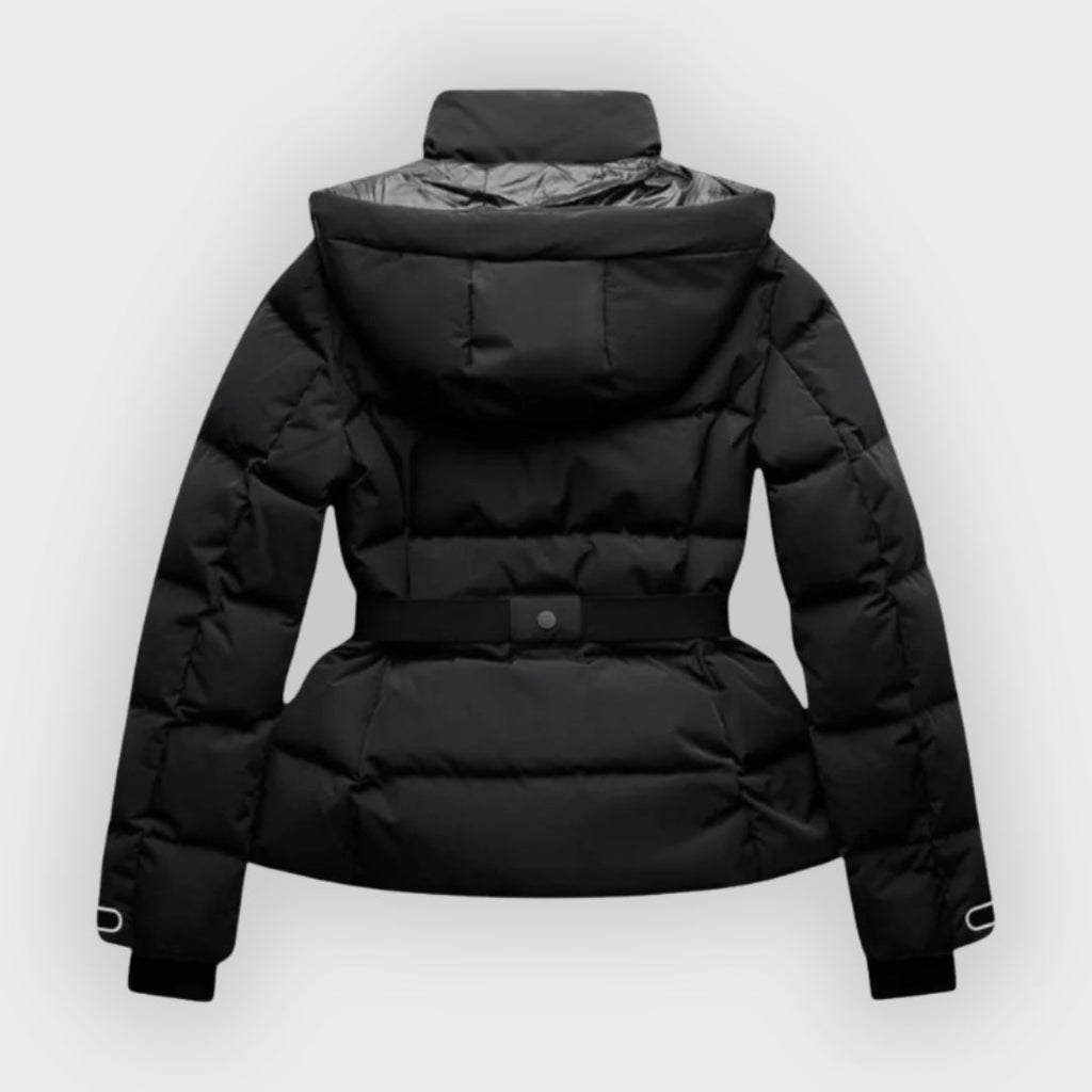 Evelisse | Veste de ski isolante pour femme – Manteau d'hiver noir avec ceinture