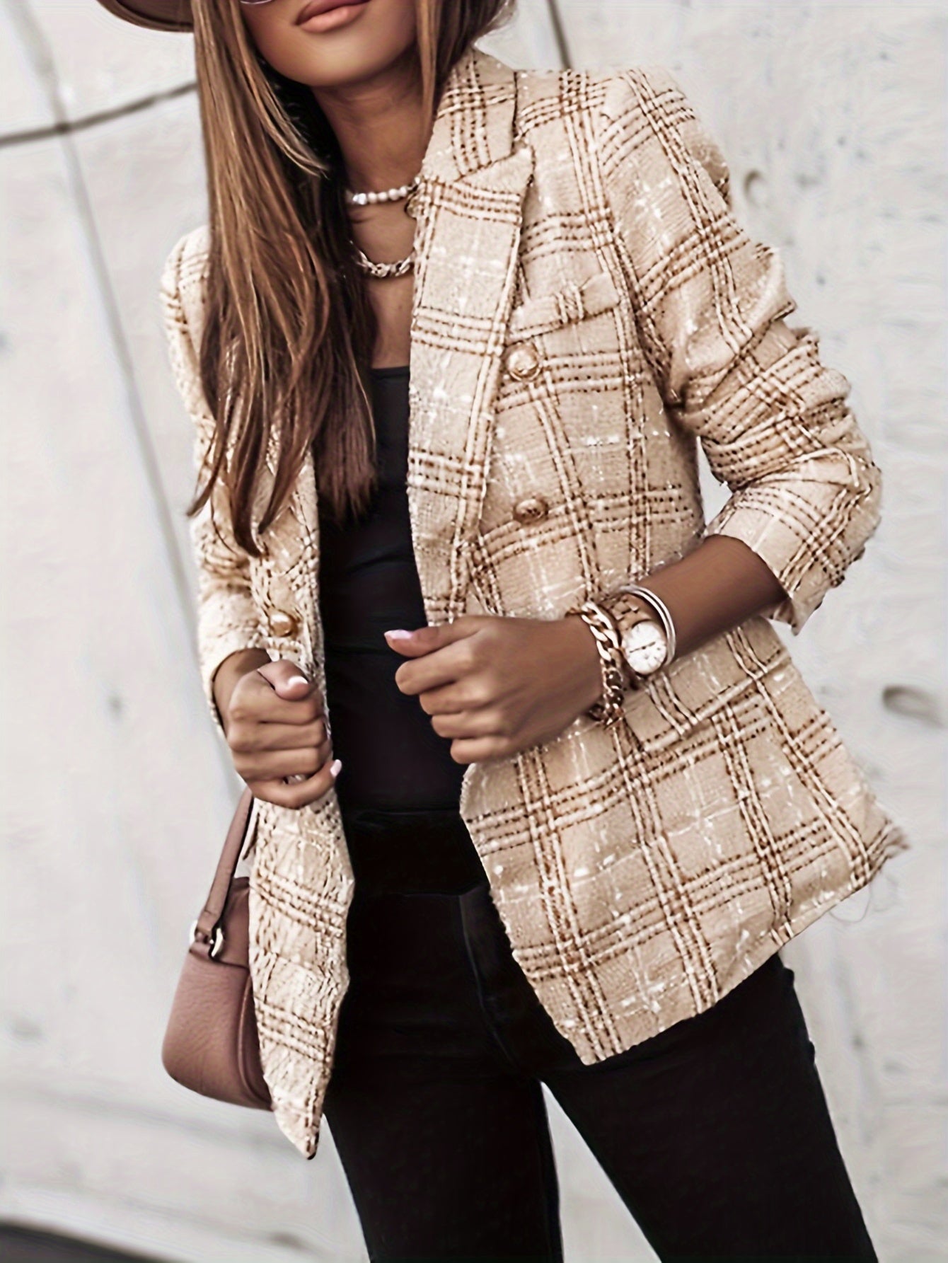 Geneviève | Blazer croisé - Élégant manteau en tweed à carreaux et manches longues, idéal pour le bureau et le travail, Vêtements pour femmes
