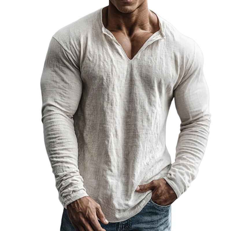 Zevyr | Retro casual katoenen linnen shirt met V-hals en lange mouwen – Lichtgewicht en ademend