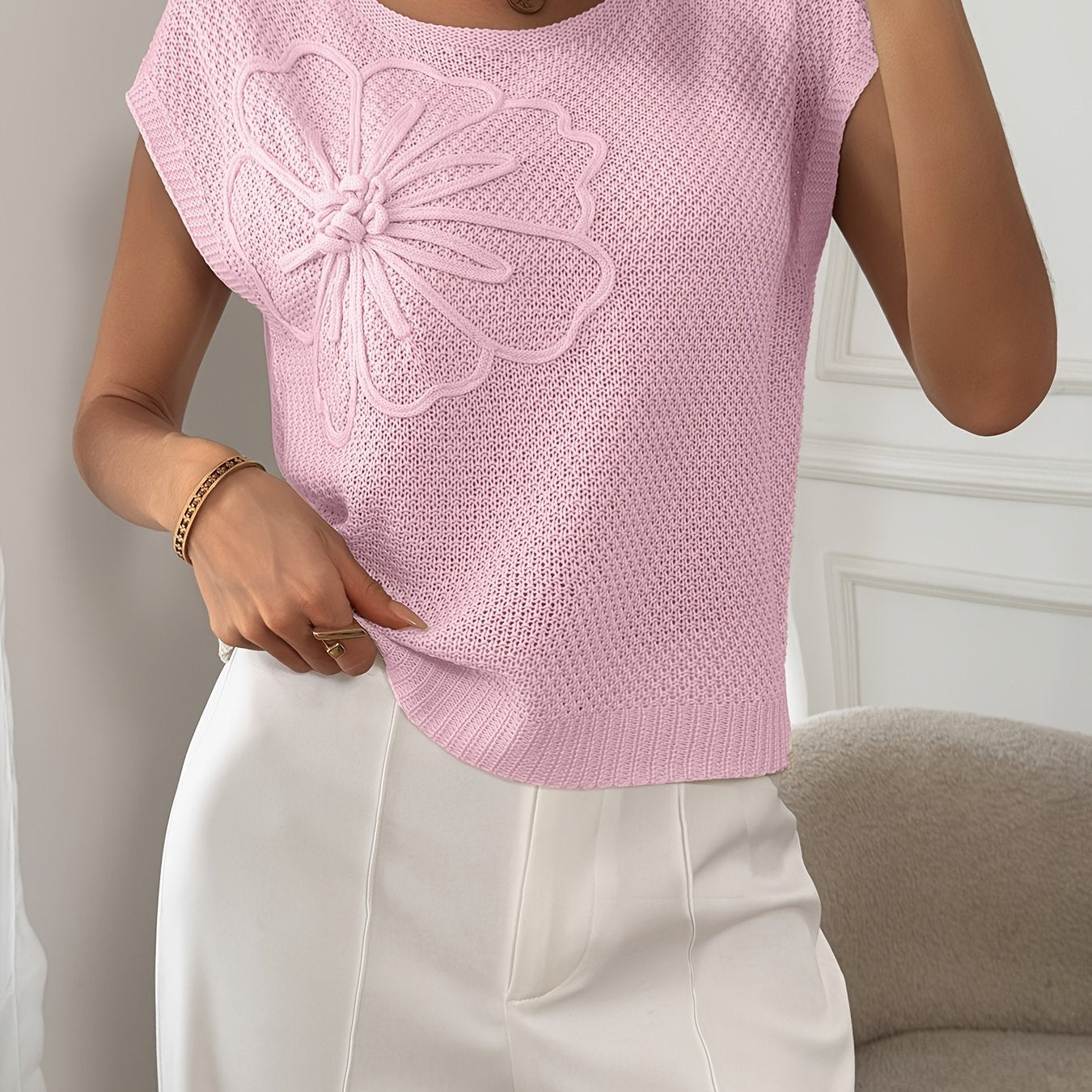 Caelis | Damesvest met bloemenprint, mouwloos, gebreid, casual zomertop