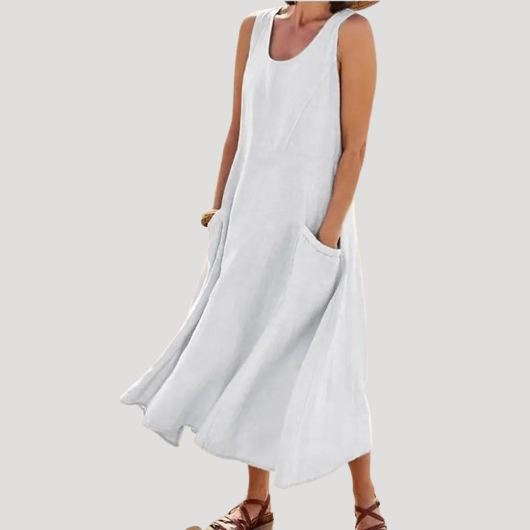 Sylvyra | Midi-jurk zonder mouwen voor dames met zakken – Casual linnenlook, losse pasvorm