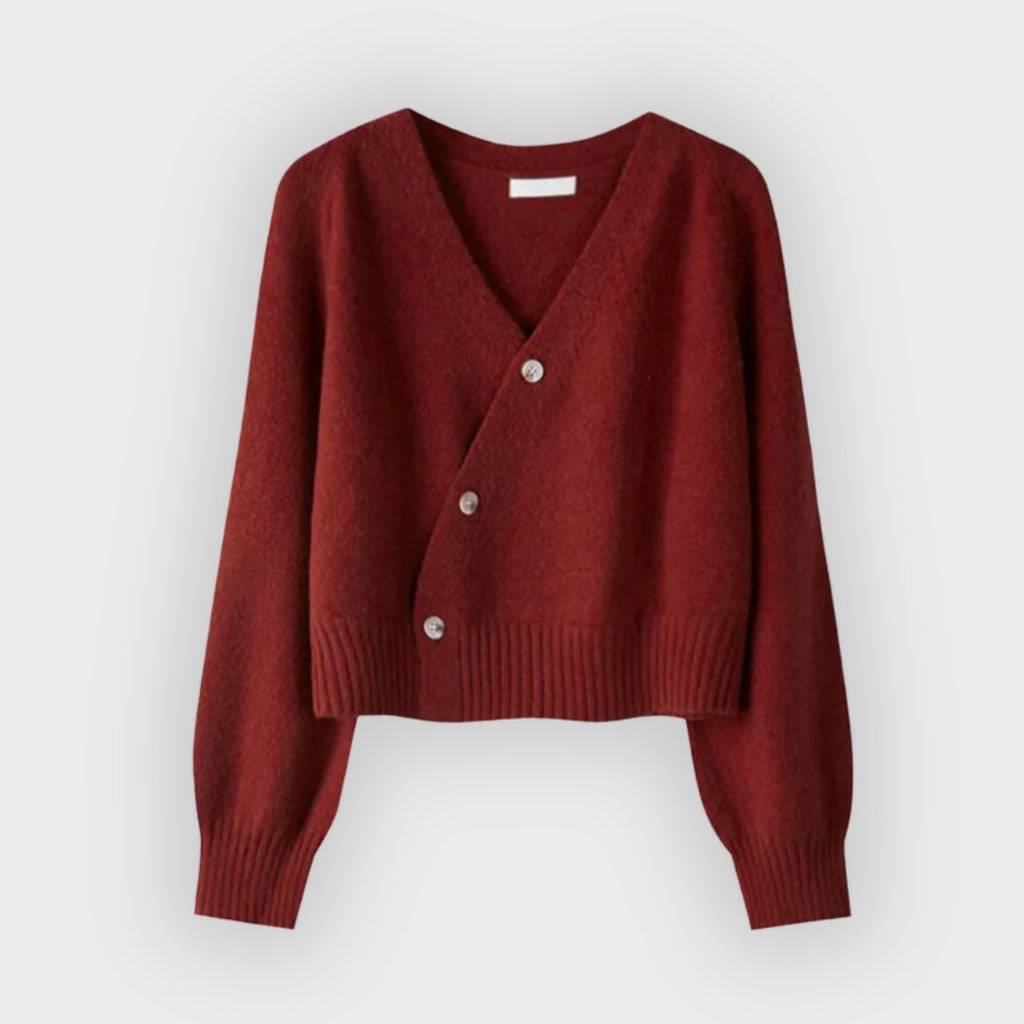 Iverra | Damen-Strickjacke aus Merinowolle – Strickpullover mit V-Ausschnitt und diagonalen Knöpfen