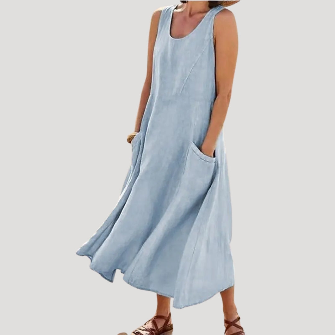 Sylvyra | Midi-jurk zonder mouwen voor dames met zakken – Casual linnenlook, losse pasvorm