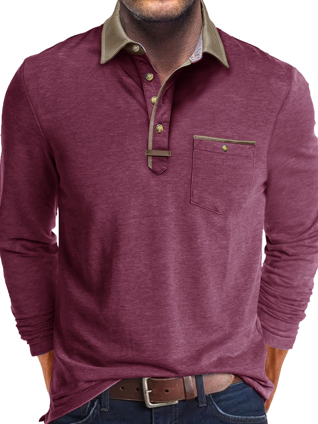 Paulo | Polo homme à manches longues – Henley décontracté avec col color-block et poche poitrine