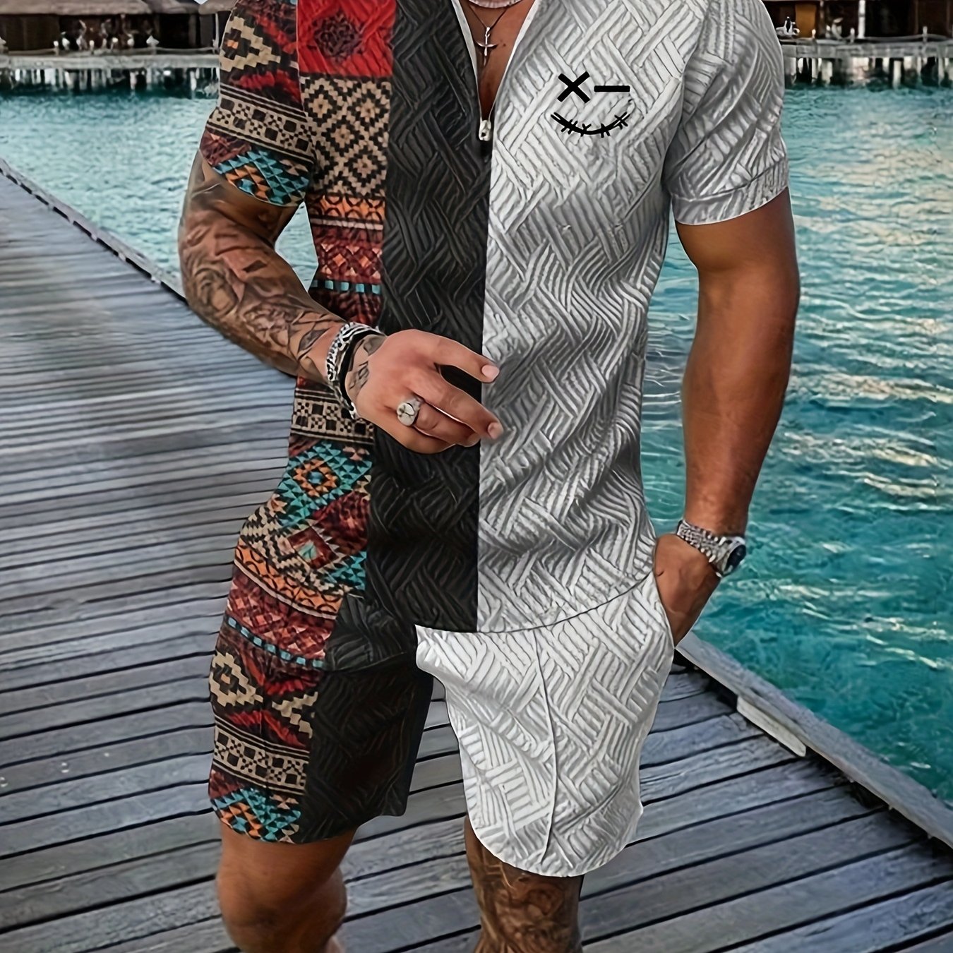 Xylaric | Casual tweedelige set voor heren – T-shirt met reverskraag en korte broek met trekkoord