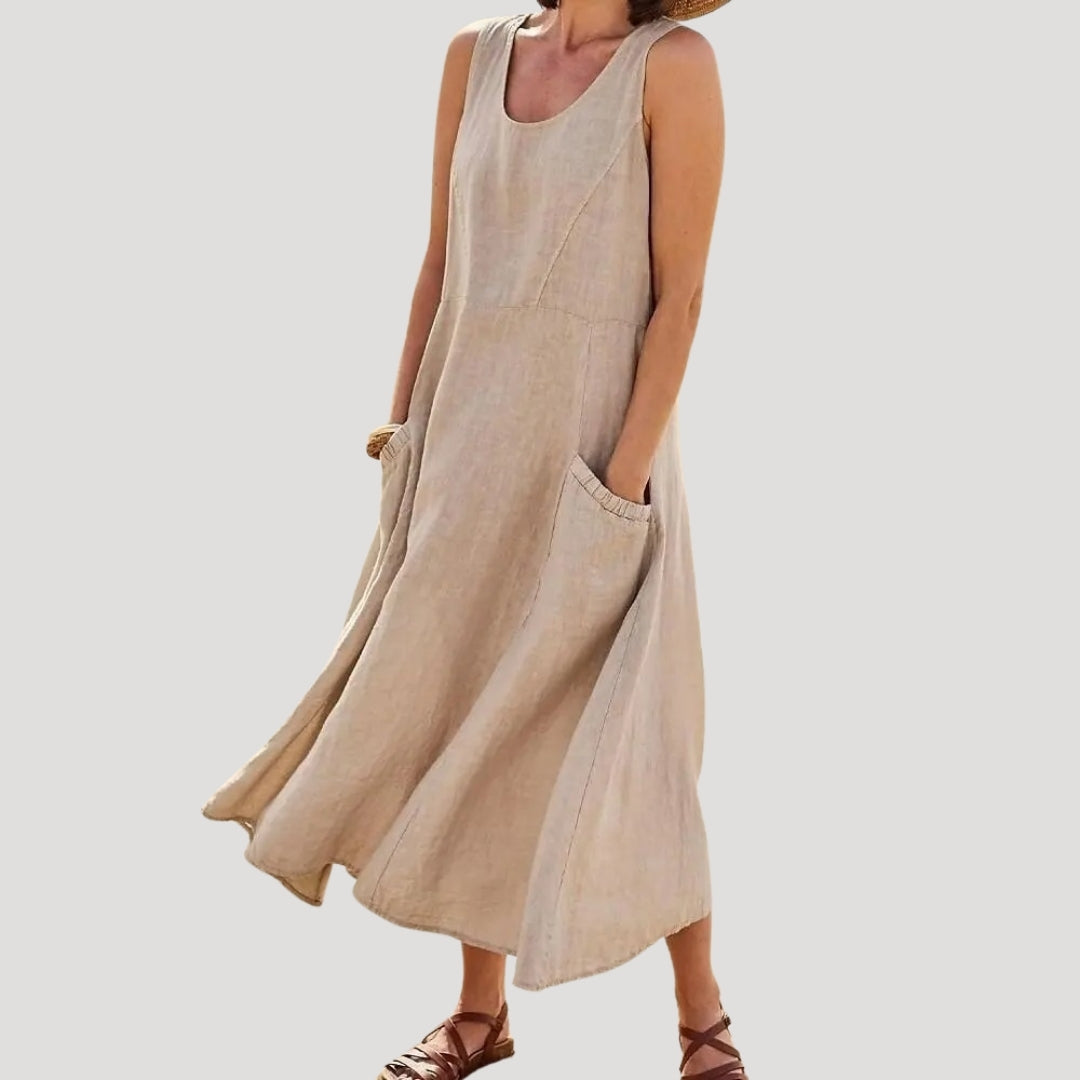 Sylvyra | Midi-jurk zonder mouwen voor dames met zakken – Casual linnenlook, losse pasvorm