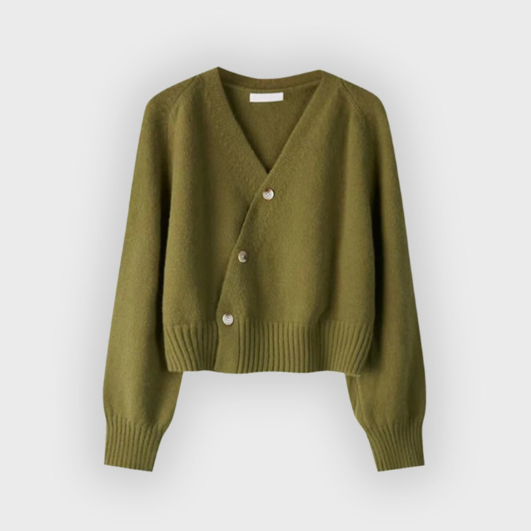 Iverra | Damen-Strickjacke aus Merinowolle – Strickpullover mit V-Ausschnitt und diagonalen Knöpfen