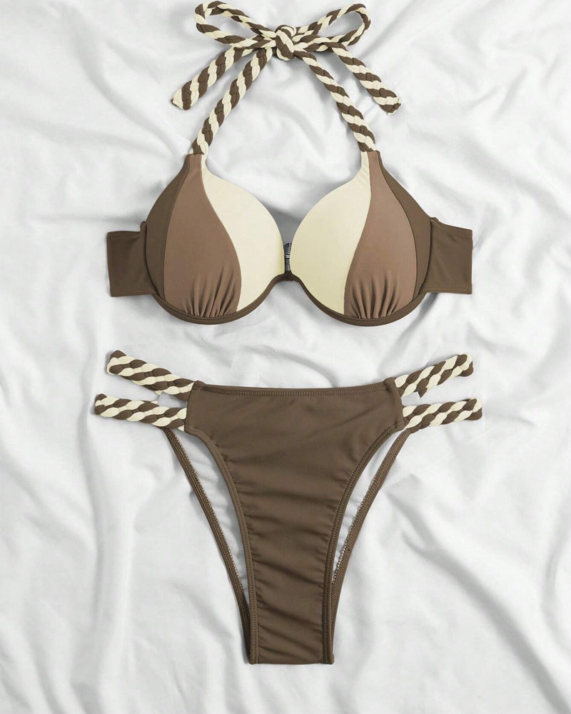 Cazelle | Halterbikini voor dames met kleurblokken – Tweedelig zwempak met hoge taille