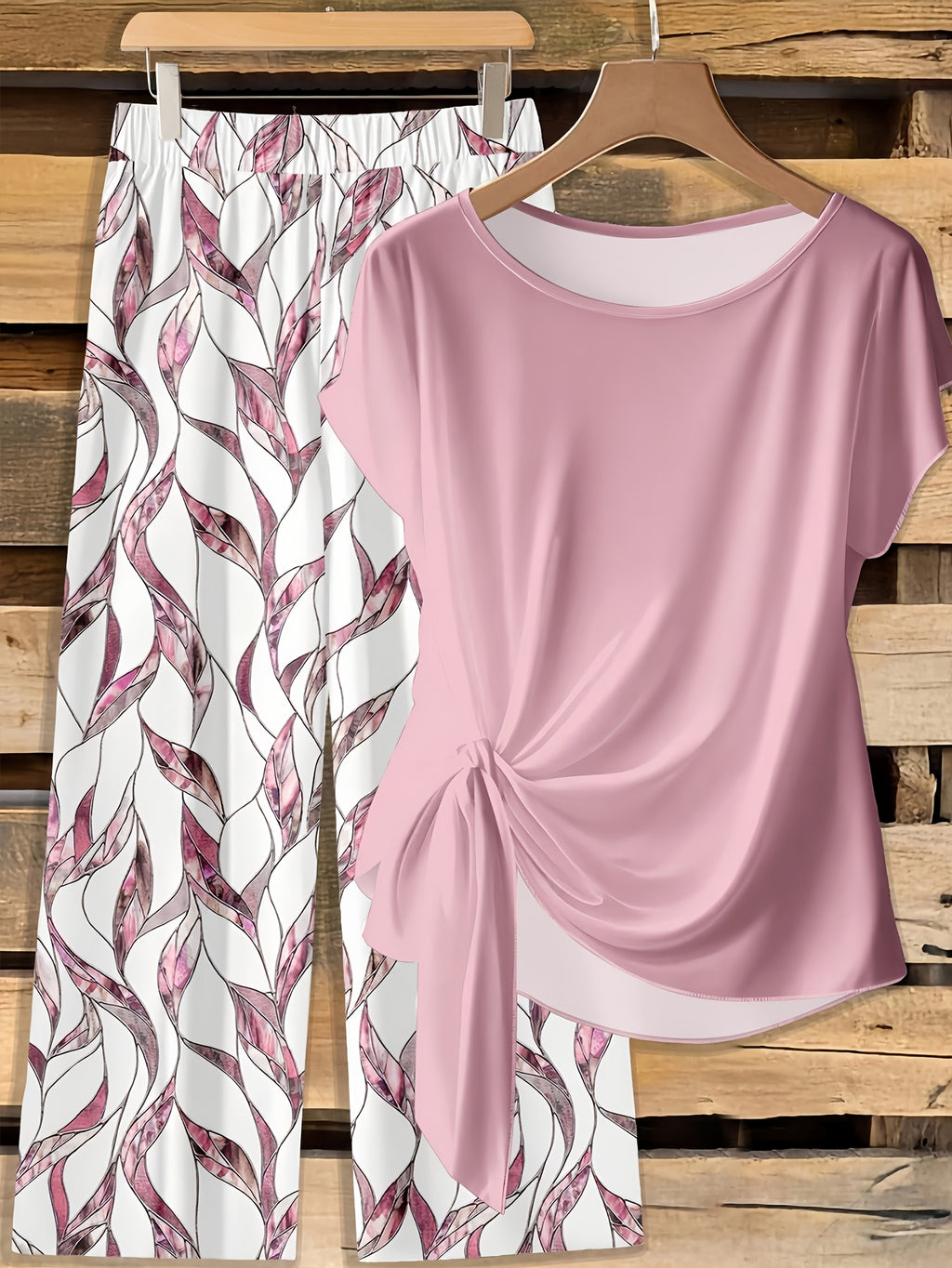 Gena | Tweedelige damesset – top met korte mouwen en bedrukte wijde broek, zomerse co-ord set