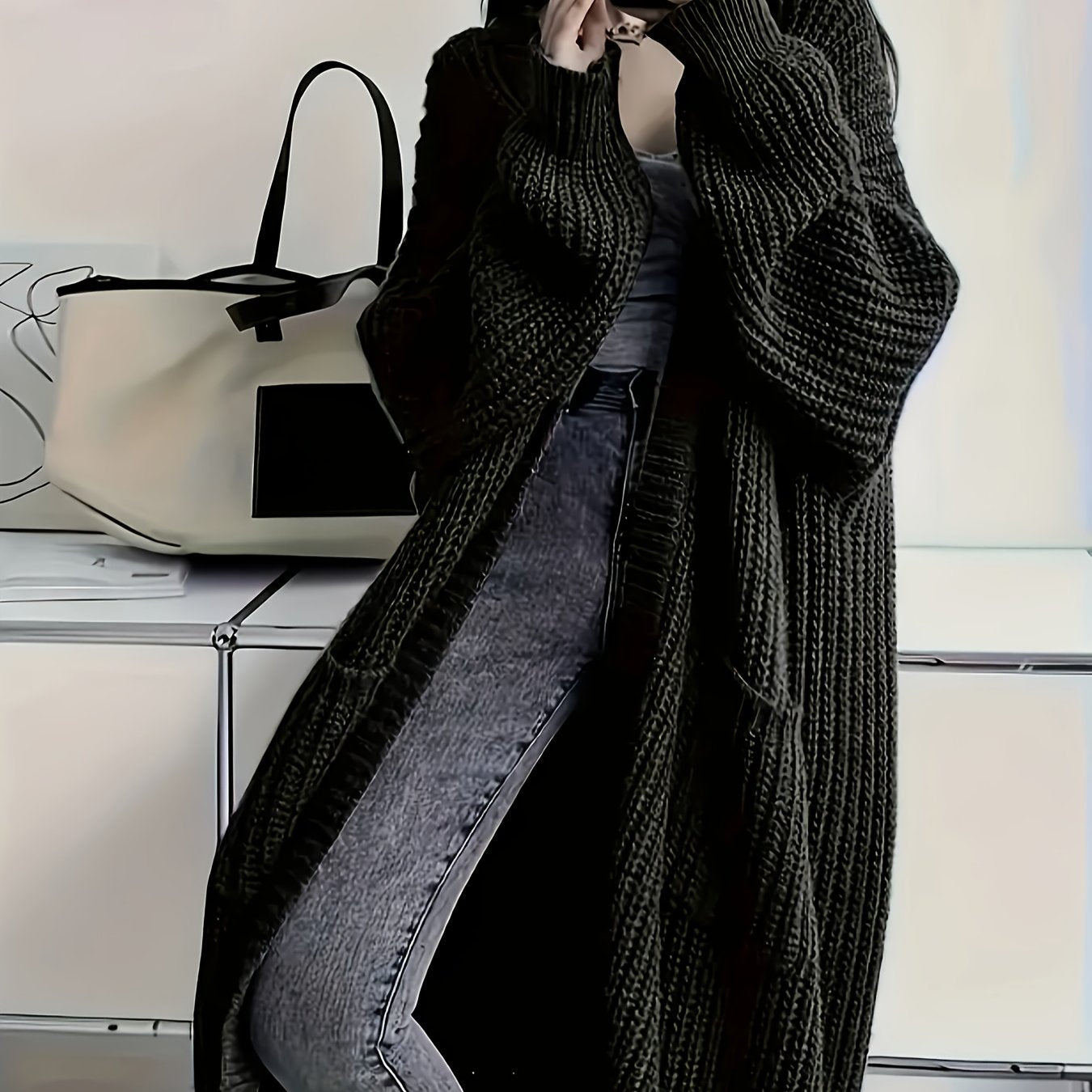 Myvessa | Langer Strickcardigan für Damen – offener, Oversize-Schnitt, lässiger Pullover für Herbst und Winter