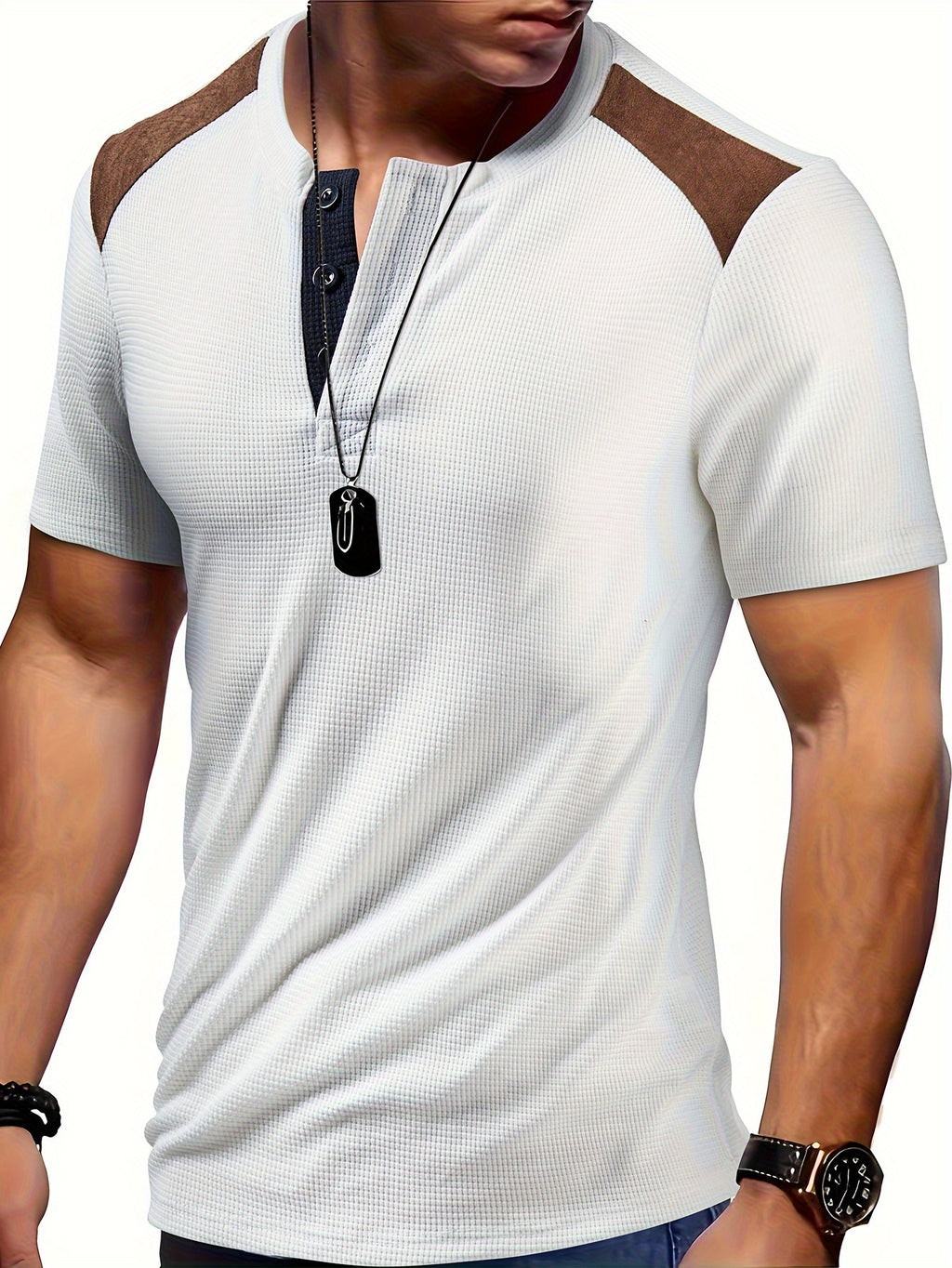 River | Chemise homme en maille gaufrée - Chemise décontractée à manches courtes bicolore