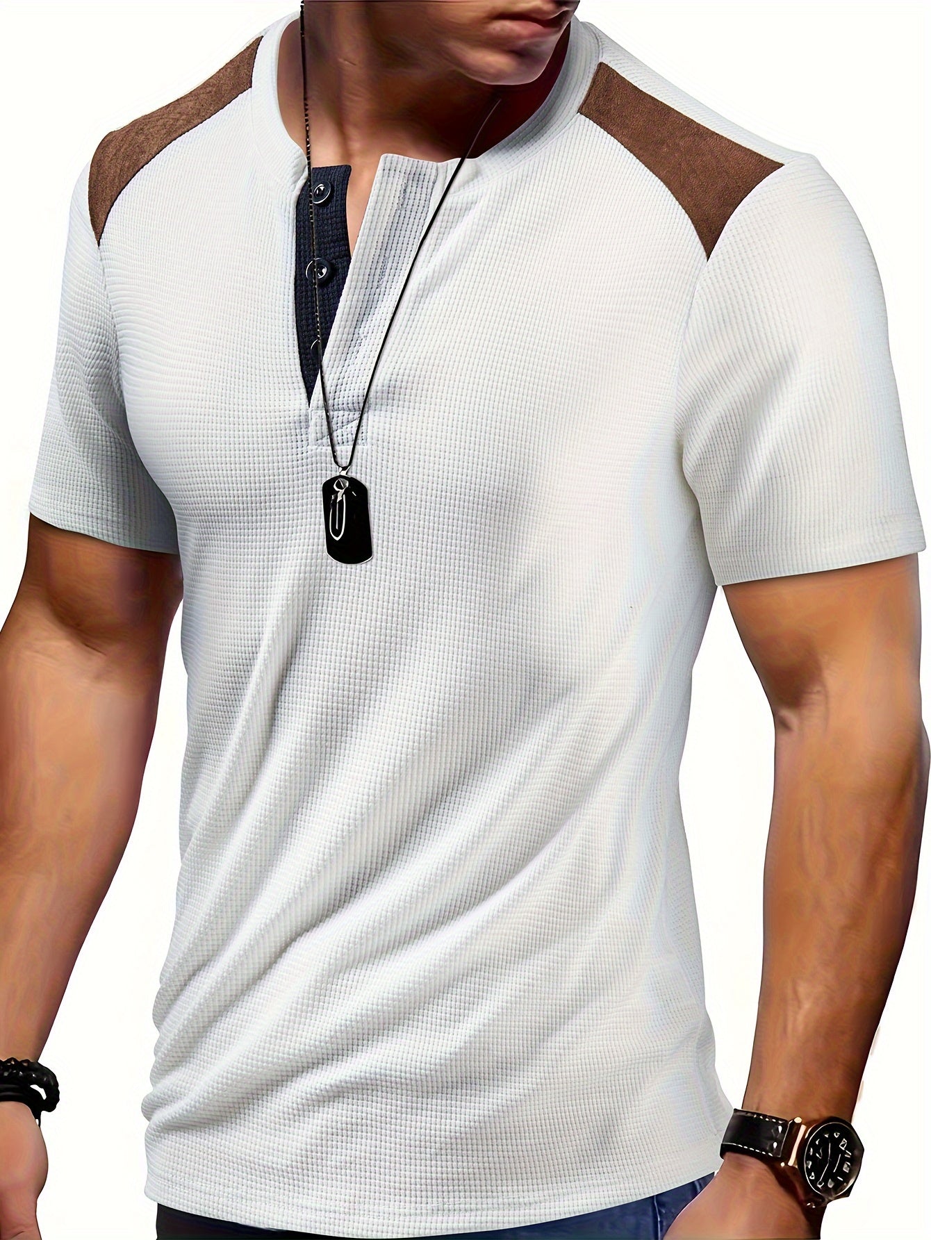 River | Chemise homme en maille gaufrée - Chemise décontractée à manches courtes bicolore