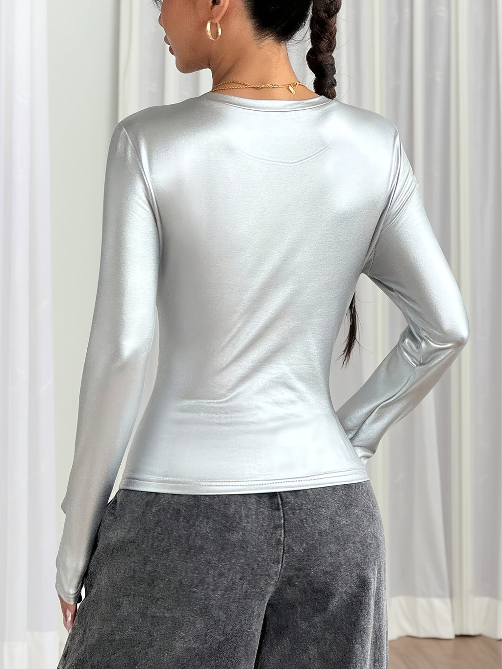 Halysse | Metallic T-shirt met lange mouwen voor dames – ronde hals, medium stretch, elegante top