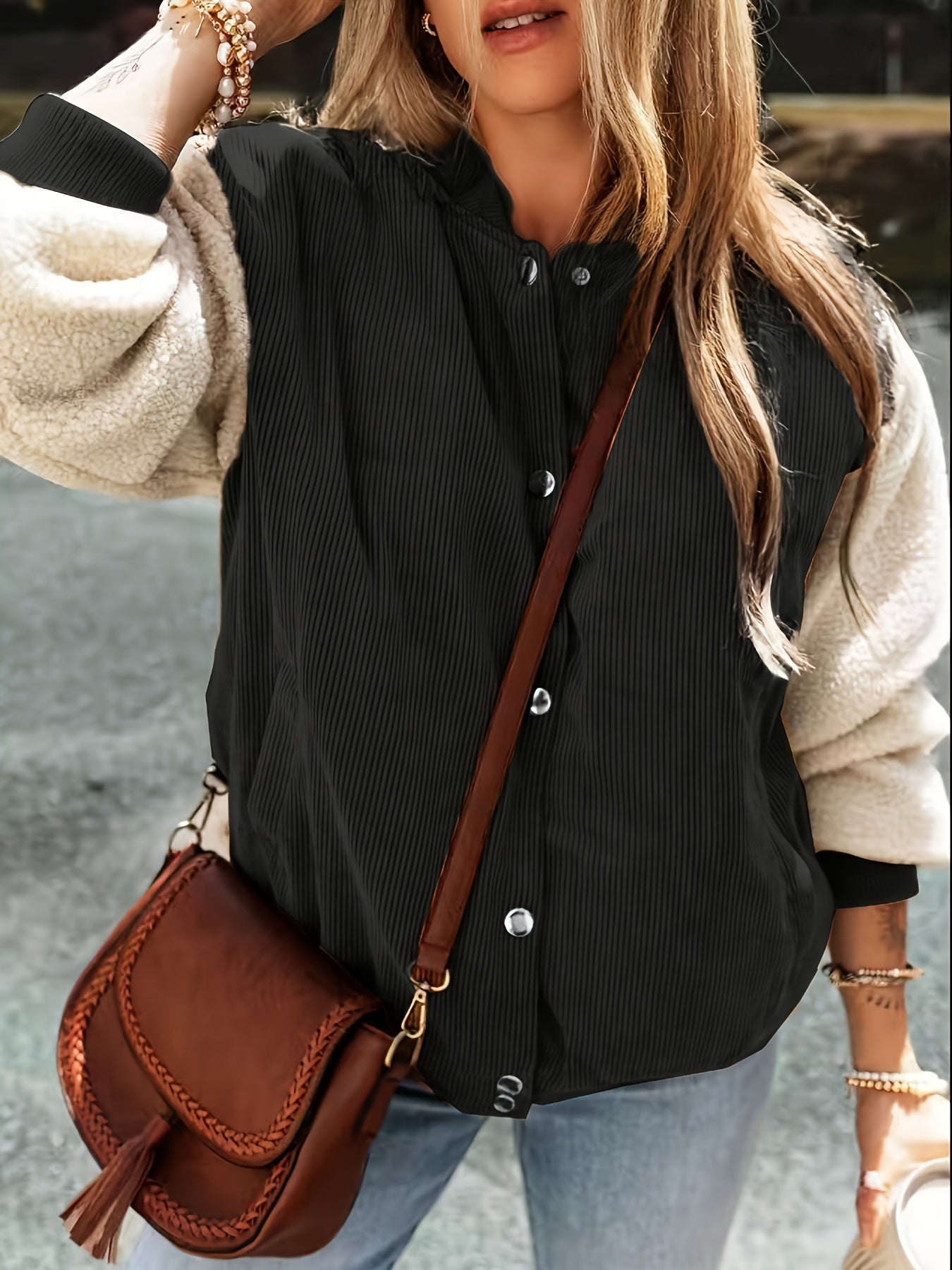Brivienne | Elegante Jacke mit Baseballkragen und Farbblöcken, warmer Cord, Herbst-/Winterbekleidung