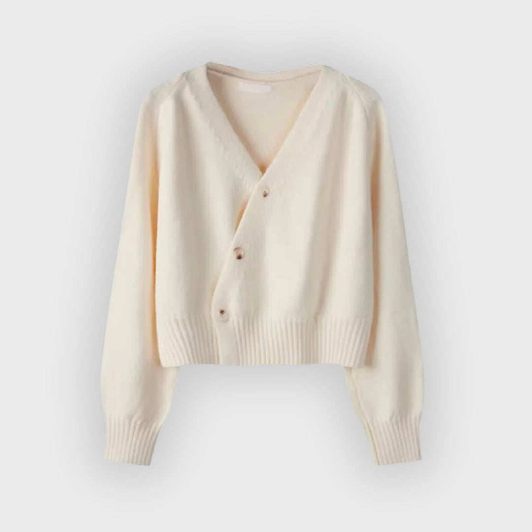 Iverra | Damen-Strickjacke aus Merinowolle – Strickpullover mit V-Ausschnitt und diagonalen Knöpfen