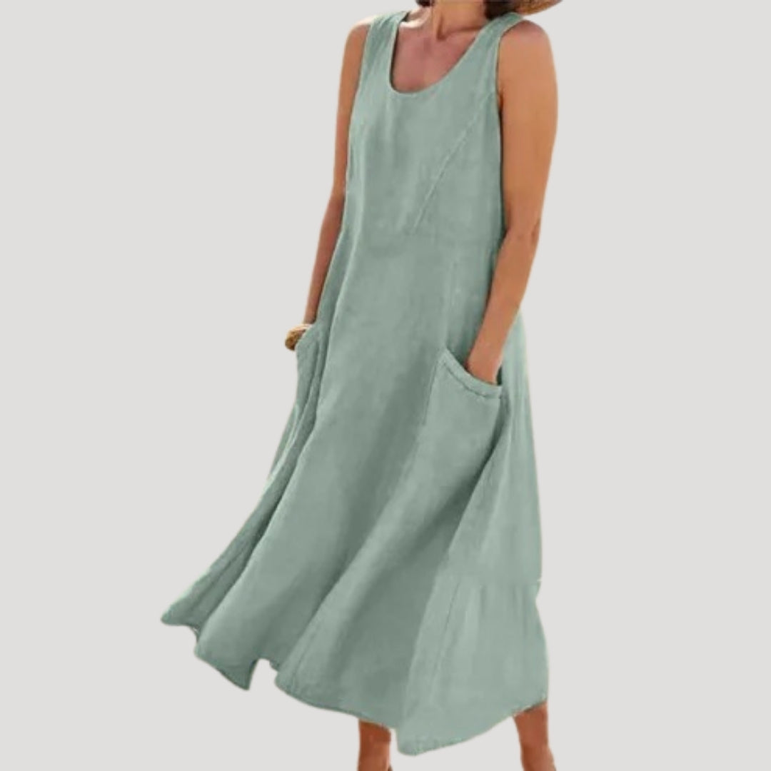 Sylvyra | Midi-jurk zonder mouwen voor dames met zakken – Casual linnenlook, losse pasvorm