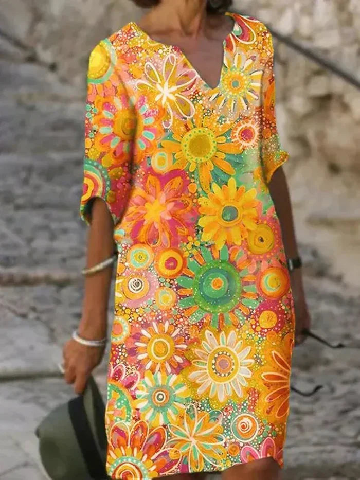 Azlyria | Dames midi-jurk met bloemenprint – luchtige lichtgewicht zomerjurk, halflange mouwen