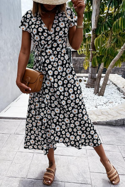 Vaisha | Midi-jurk met bloemenprint voor dames – Zomerse jurk met levendige madeliefjesprint