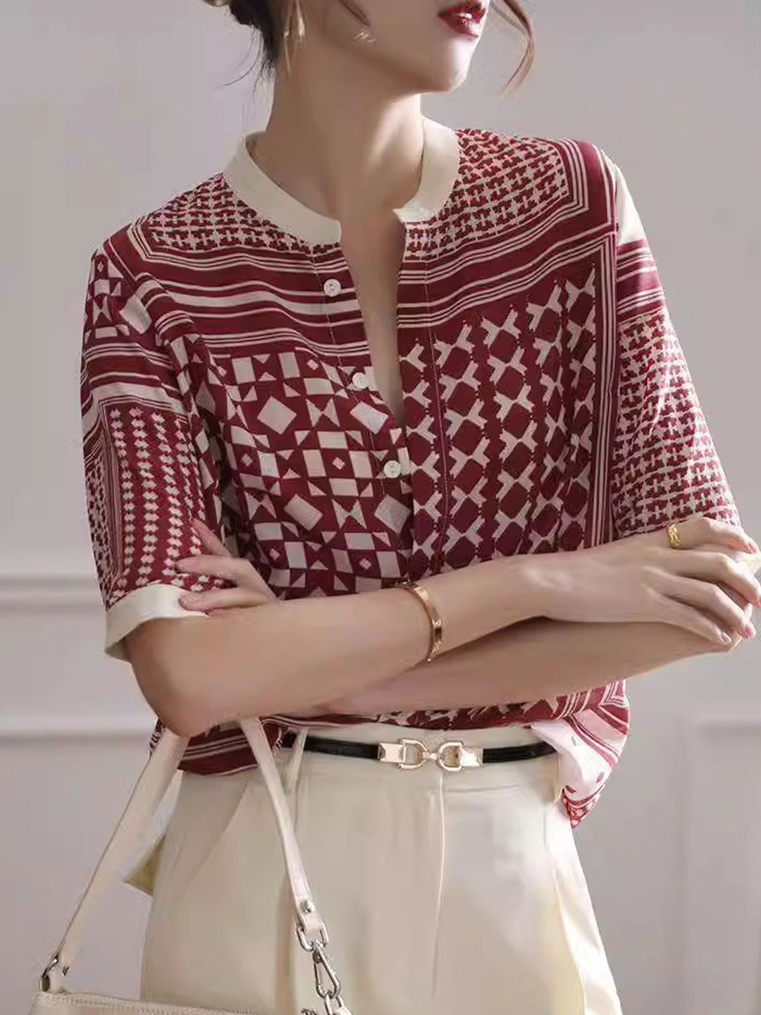 Zulema | Dameshemd met geometrische abstracte print - 3/4 mouwen, lichtgewicht blouse