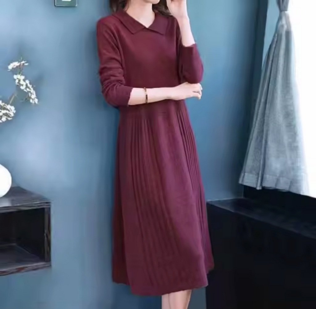 Saki | Dames gebreide jurk met kraag – Elegante geribde knit midi jurk