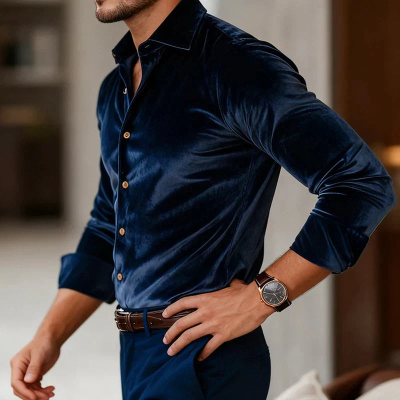 Surge | Men’s Velvet Button-Up Blouse Shirt, Soft Luxe Velvet Top, Long Sleeve Evening & Smart Casual