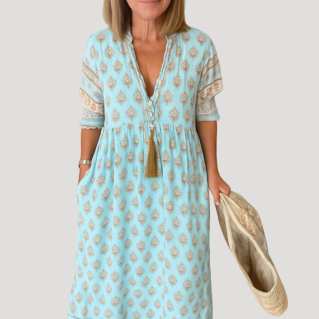 Rosaleth | Vloeiende boho midi-jurk voor dames – Zomerse strandjurk met zakken