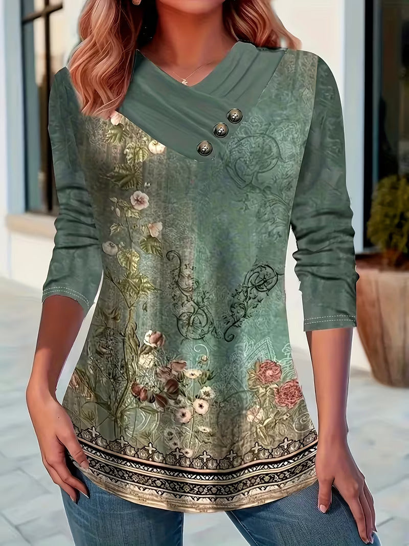 Delsa | Damesblouse met etnische print en 3/4 mouwen – Boho casual blouse