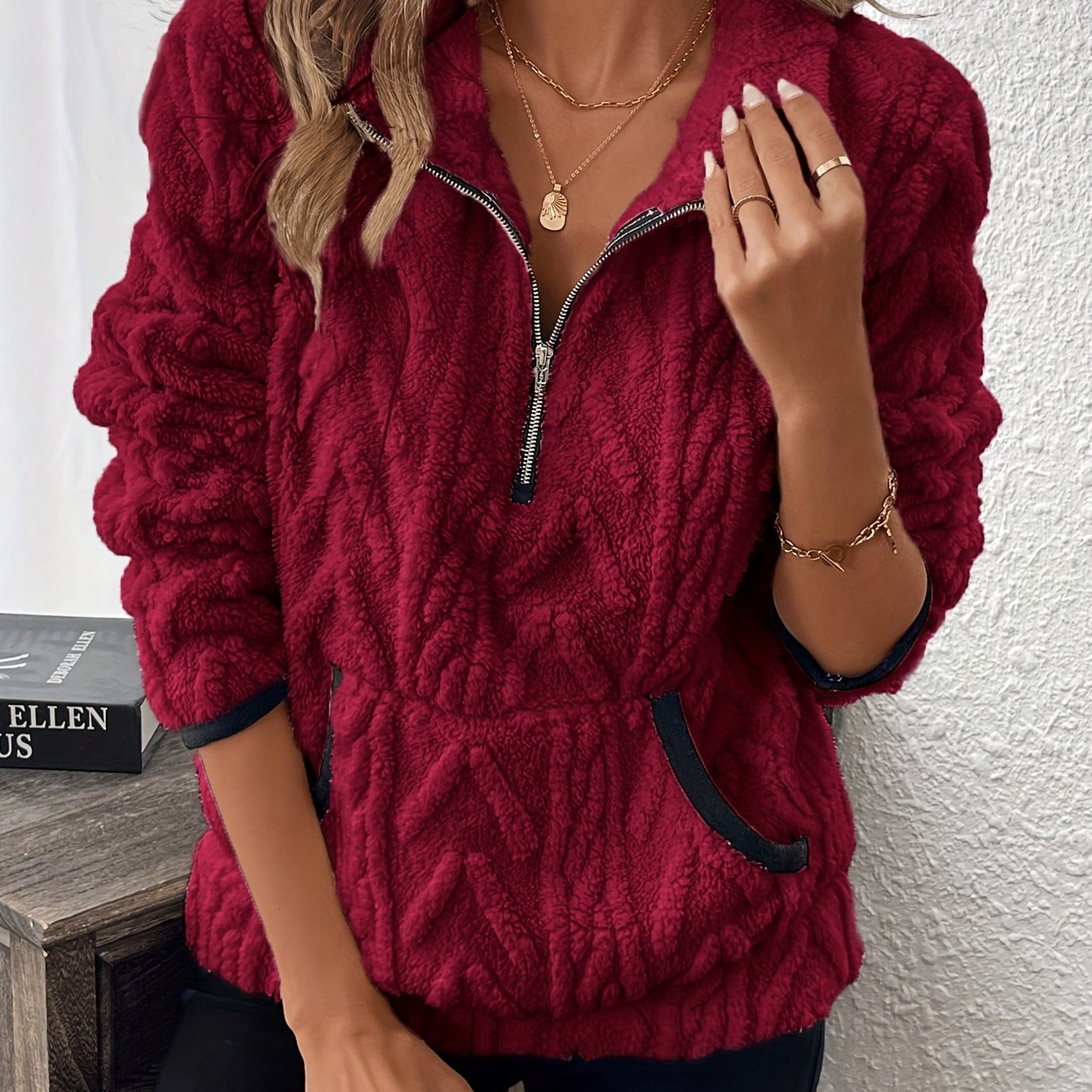 Evodia | Damen-Sweatshirt aus flauschigem Stoff, Pullover mit halbem Reißverschluss, lässiges und bequemes Langarmshirt