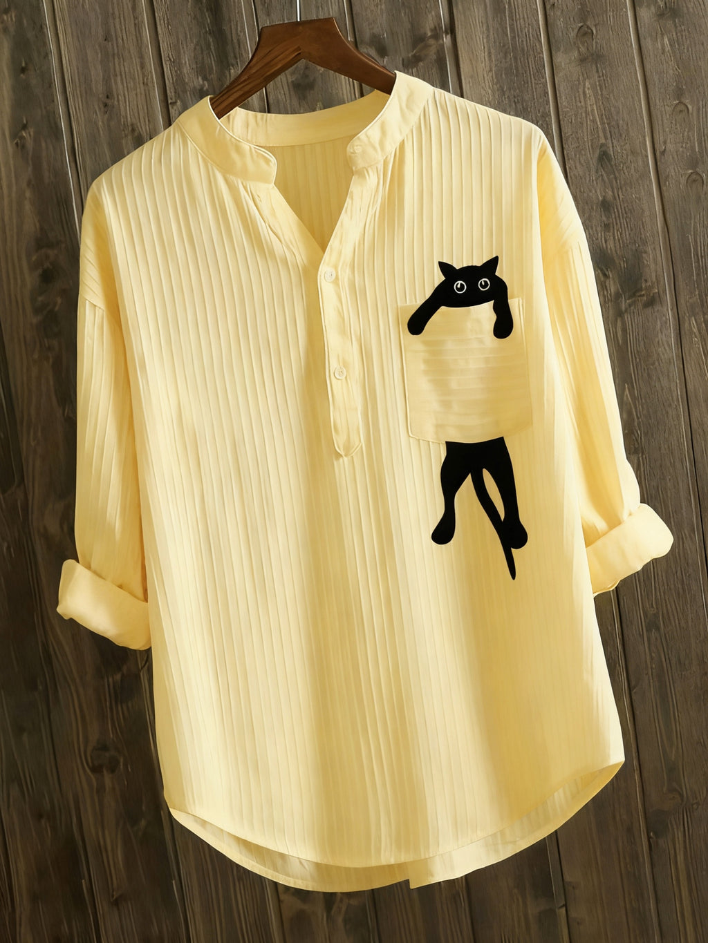 Elziraelen | Damesblouse met geborduurde kat op de zak – puur witte casual blouse met opstaande kraag