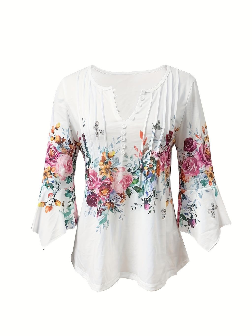 Yalisse | Dames Blouse met Bloemenprint en Ingeknipte Hals – Casual Top met Knoopsluiting