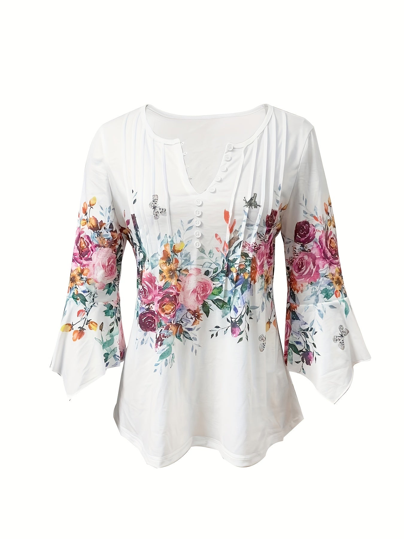 Yalisse | Dames Blouse met Bloemenprint en Ingeknipte Hals – Casual Top met Knoopsluiting