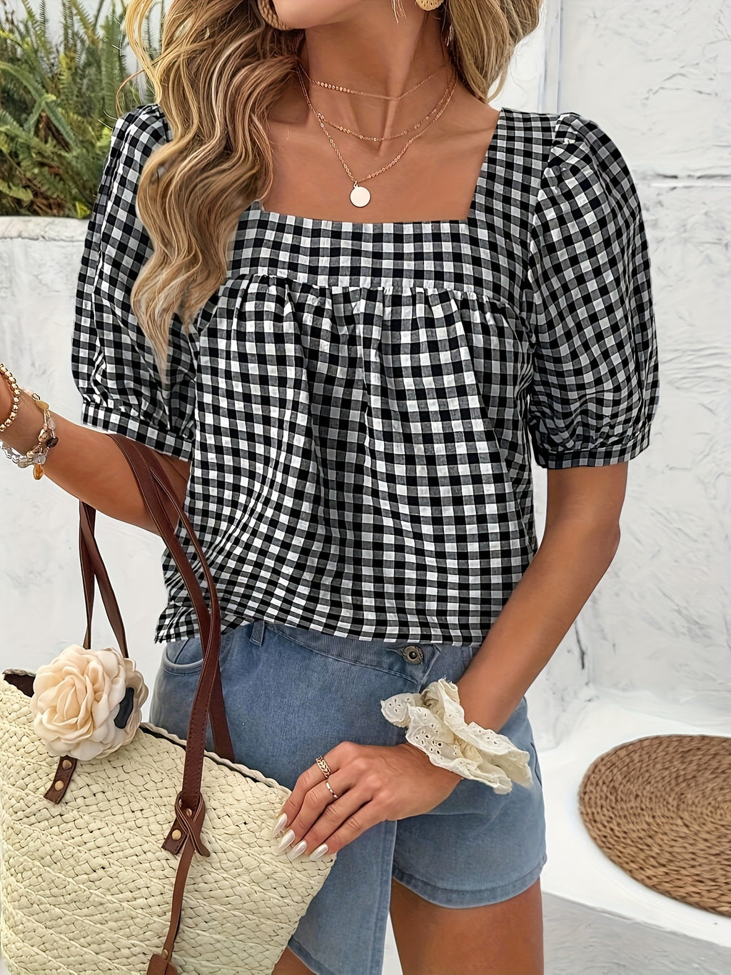 Orlyraen | Damesblouse met geruite print en vierkante hals – Casual blouse met korte mouwen