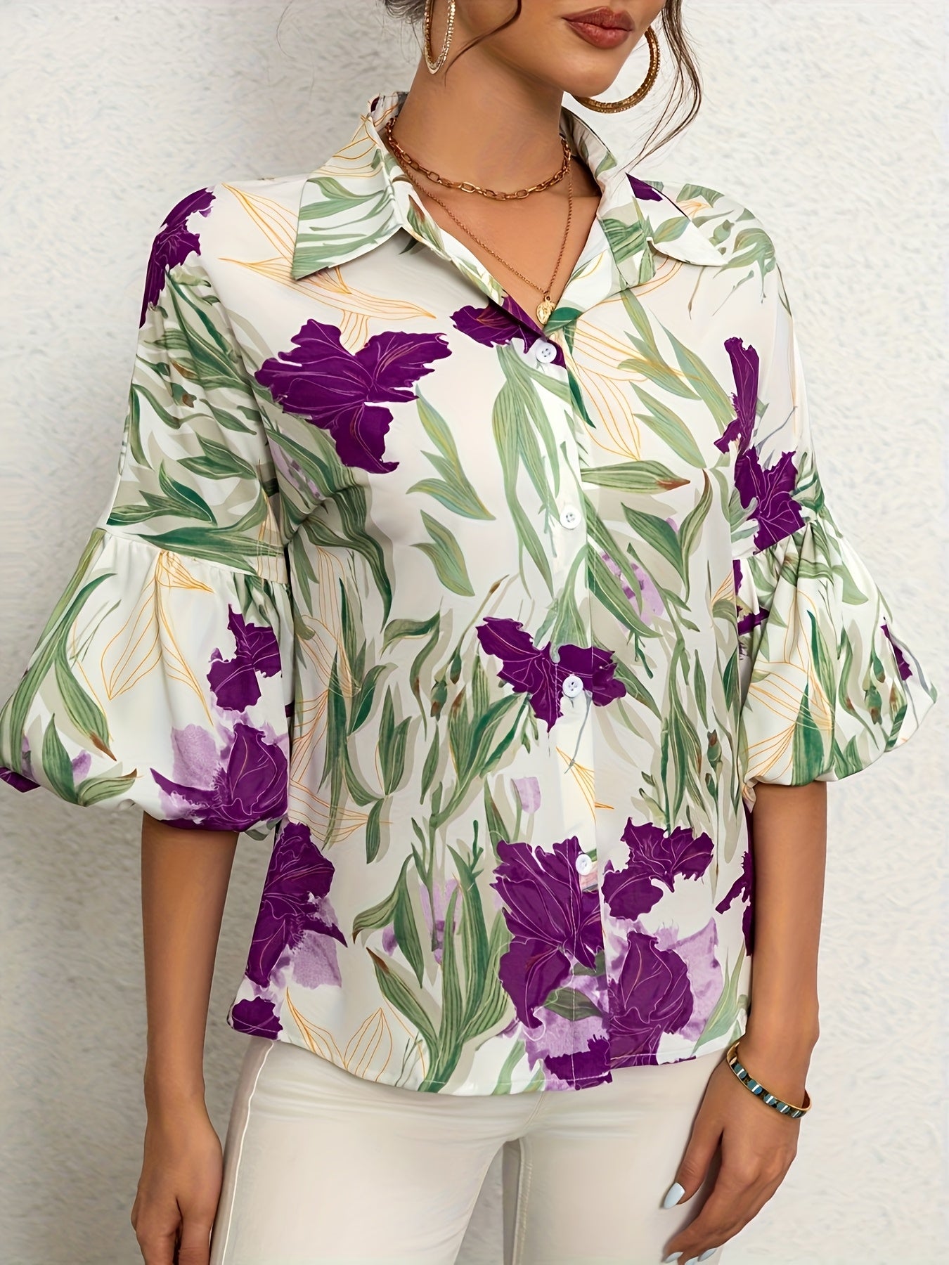 Maelyn | Damesblouse met orchideeënprint – Elegante lange blouse met lantaarnmouwen