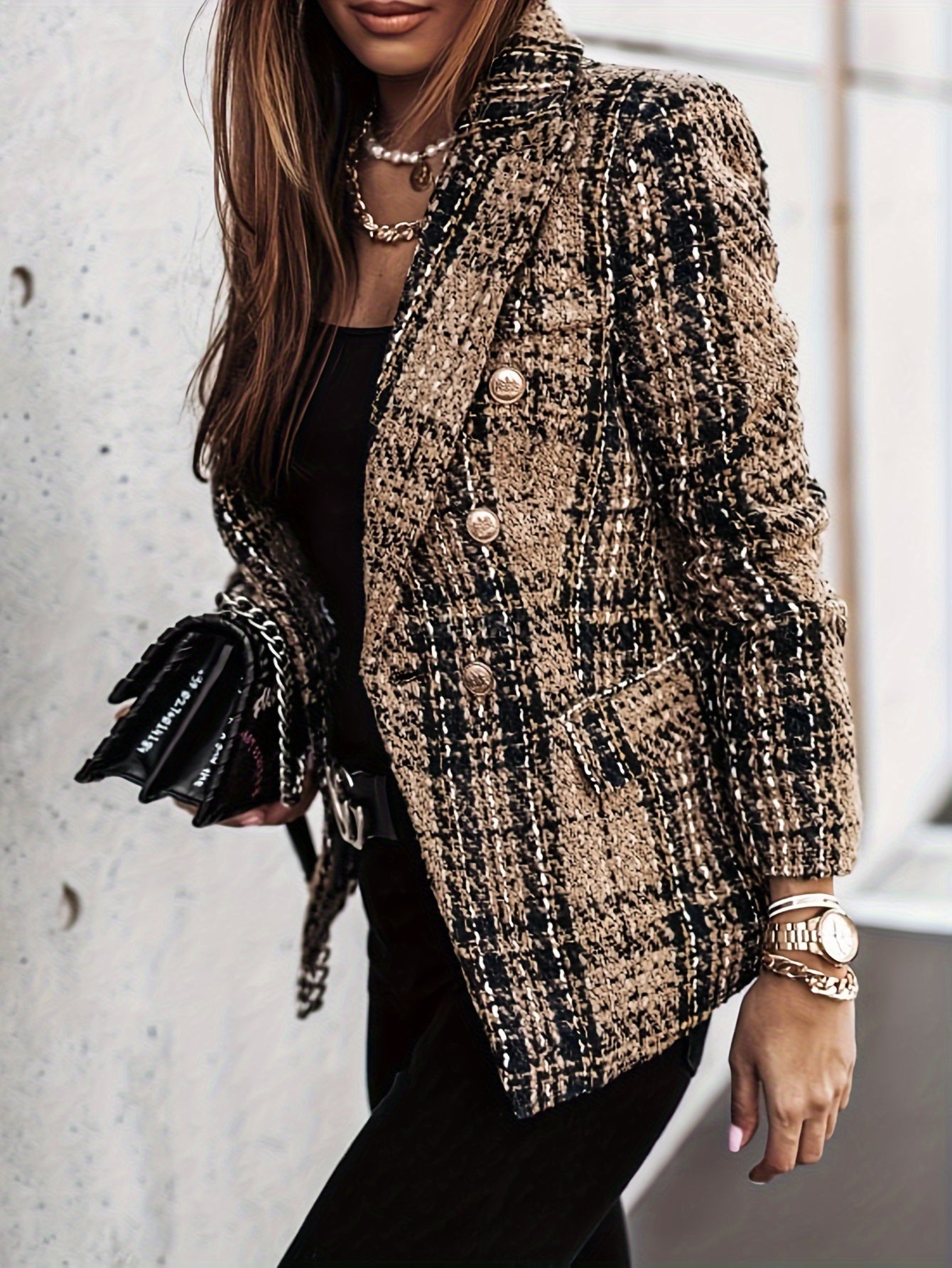 Geneviève | Blazer croisé - Élégant manteau en tweed à carreaux et manches longues, idéal pour le bureau et le travail, Vêtements pour femmes