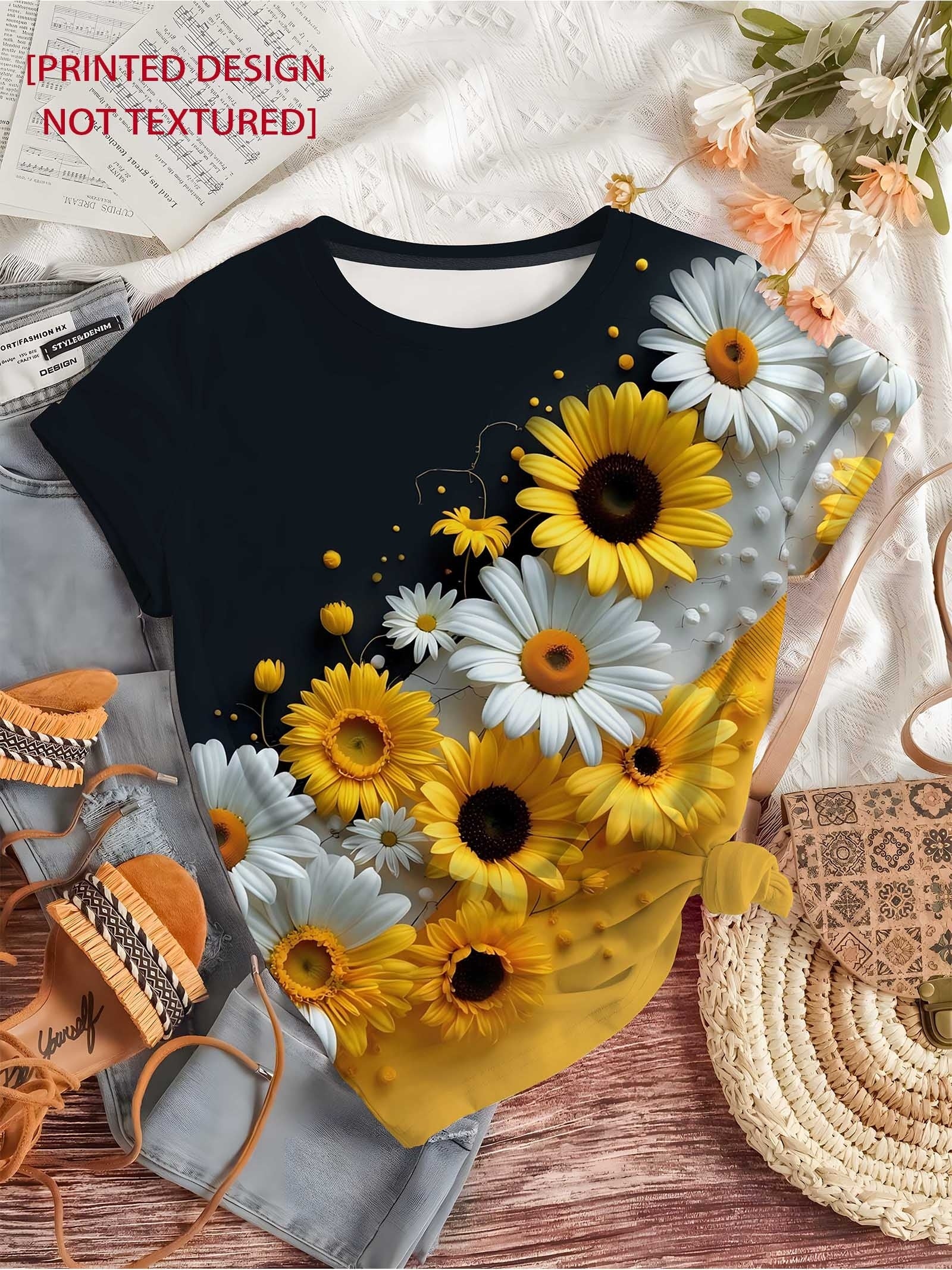 Nyzirelen | Dames-T-shirt met zonnebloemenprint – Casual zomertop met ronde hals