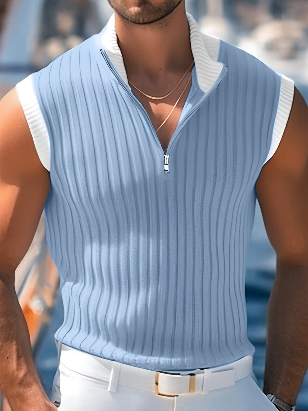 Zyrexon | Mouwloos gebreid vest voor heren – opstaande kraag met rits, slim fit gebreide tanktop