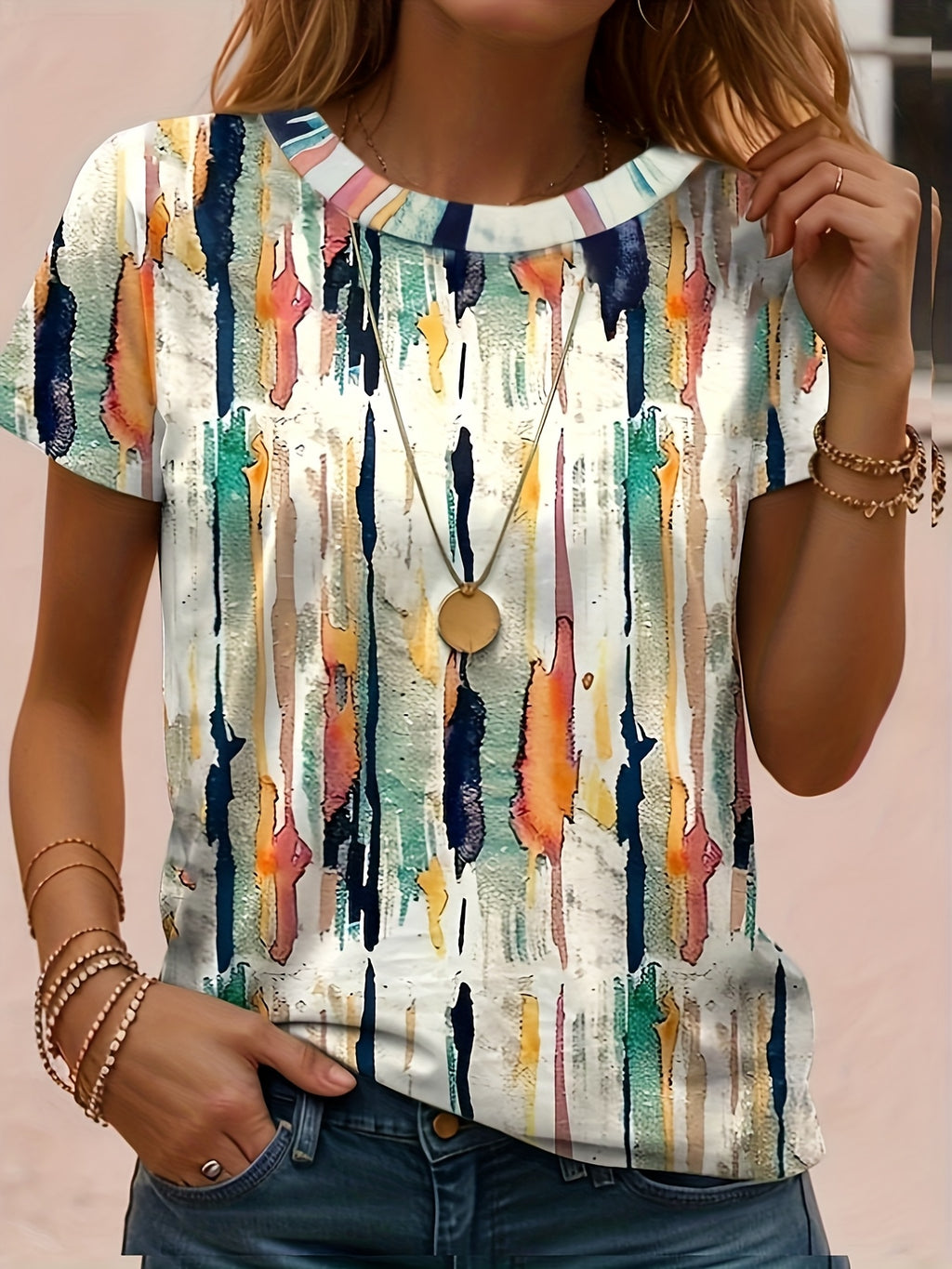 Ienya | Dames-T-shirt met abstracte strepen en grafisch motief – Casual T-shirt met geometrische print, korte mouwen en ronde hals