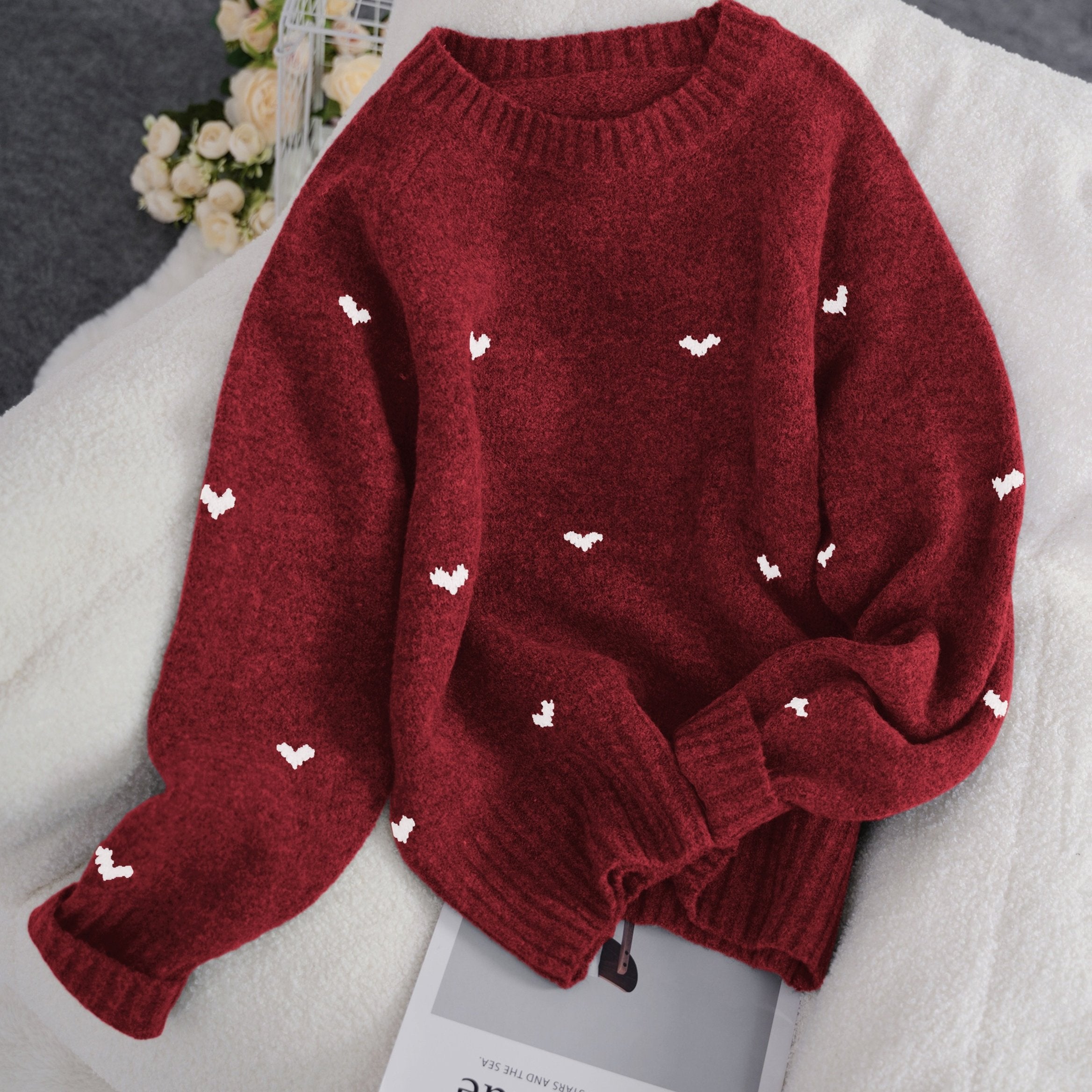 Solenne | Dames trui met hartjespatroon – Minimalistische gebreide pullover, ronde hals, losse pasvorm