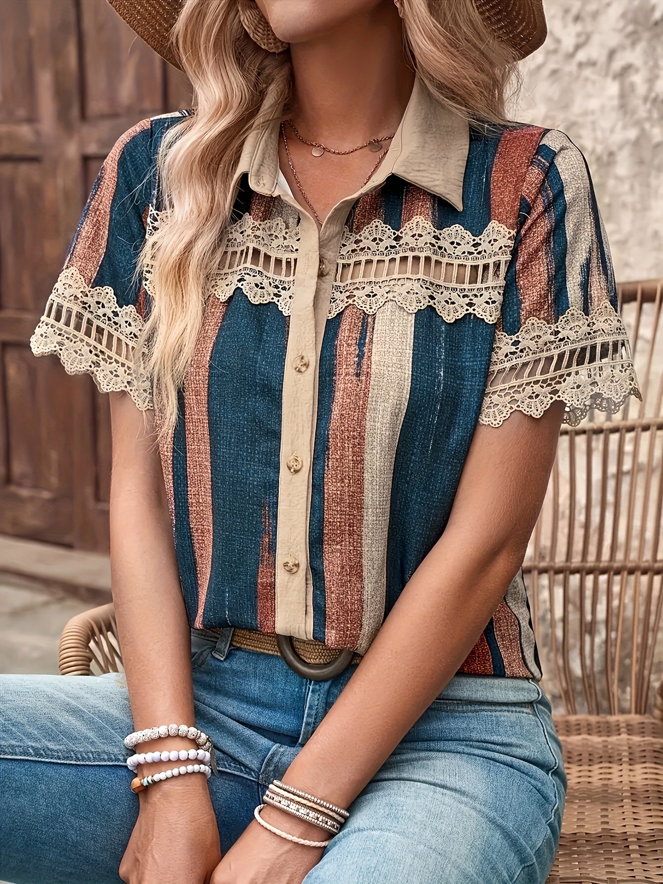 Amaranthe | Dames retro gestreepte kanten blouse – korte mouwen blouse met knoopsluiting