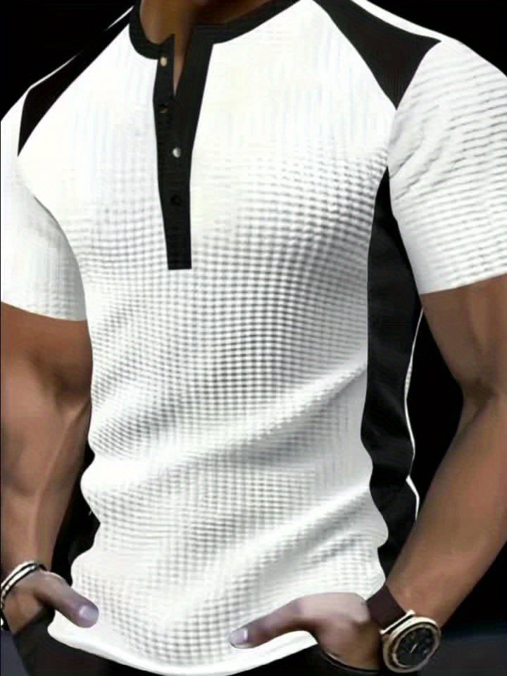 Elrik | Wafelpolo voor heren – Zwart-wit T-shirt met kleurblokken in casual zakelijke stijl