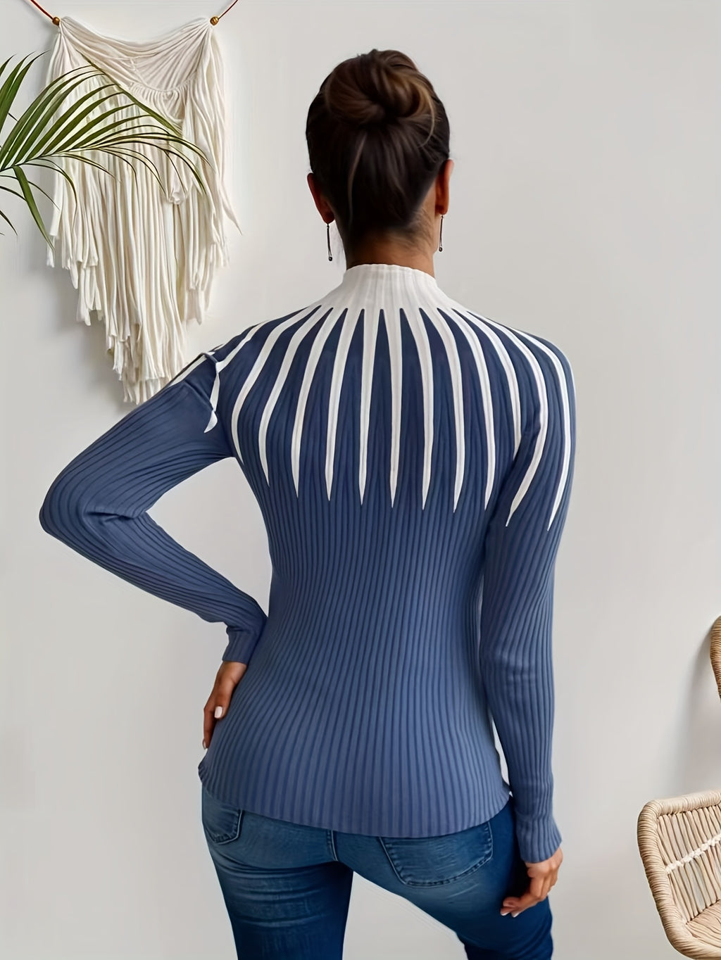 Dariole | Dames Geribde Colorblock Pullover – Elegante Gebreide Top met Lange Mouwen